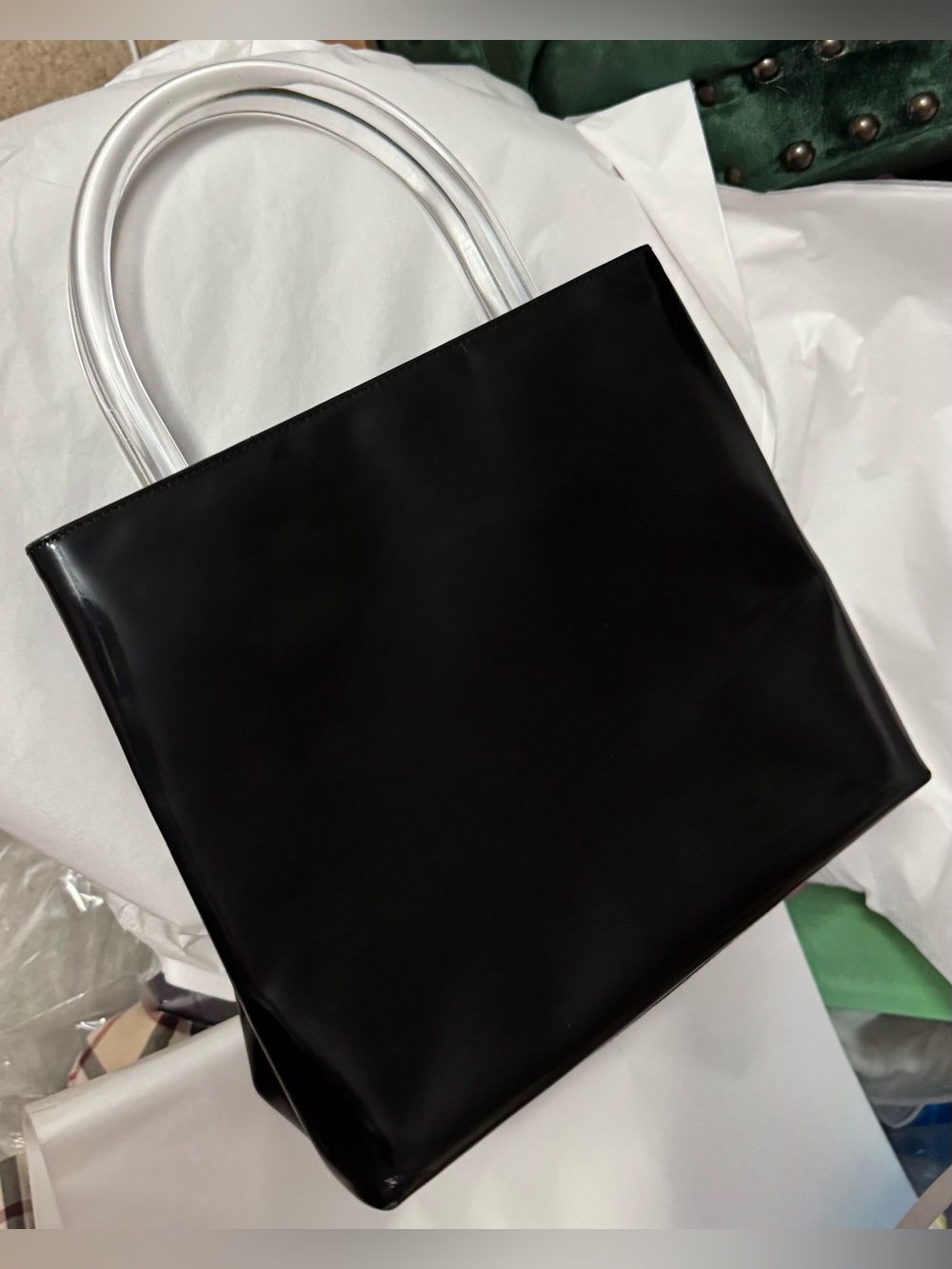 Prada AUTHENTIC Vintage Black Patent Leather Clear Lucite Shopper Tote Bag 90s - Picture 6 of 16